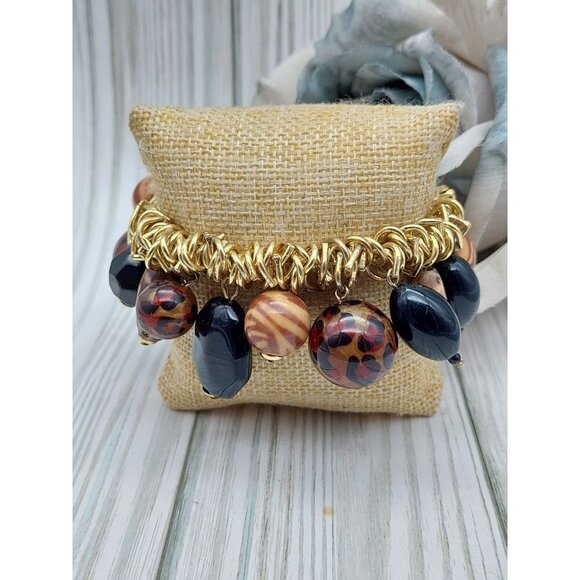 Gold Tone Beaded Chunky Stretch Bracelet Dangle Animal Print & Black Beads - Picture 1 of 7